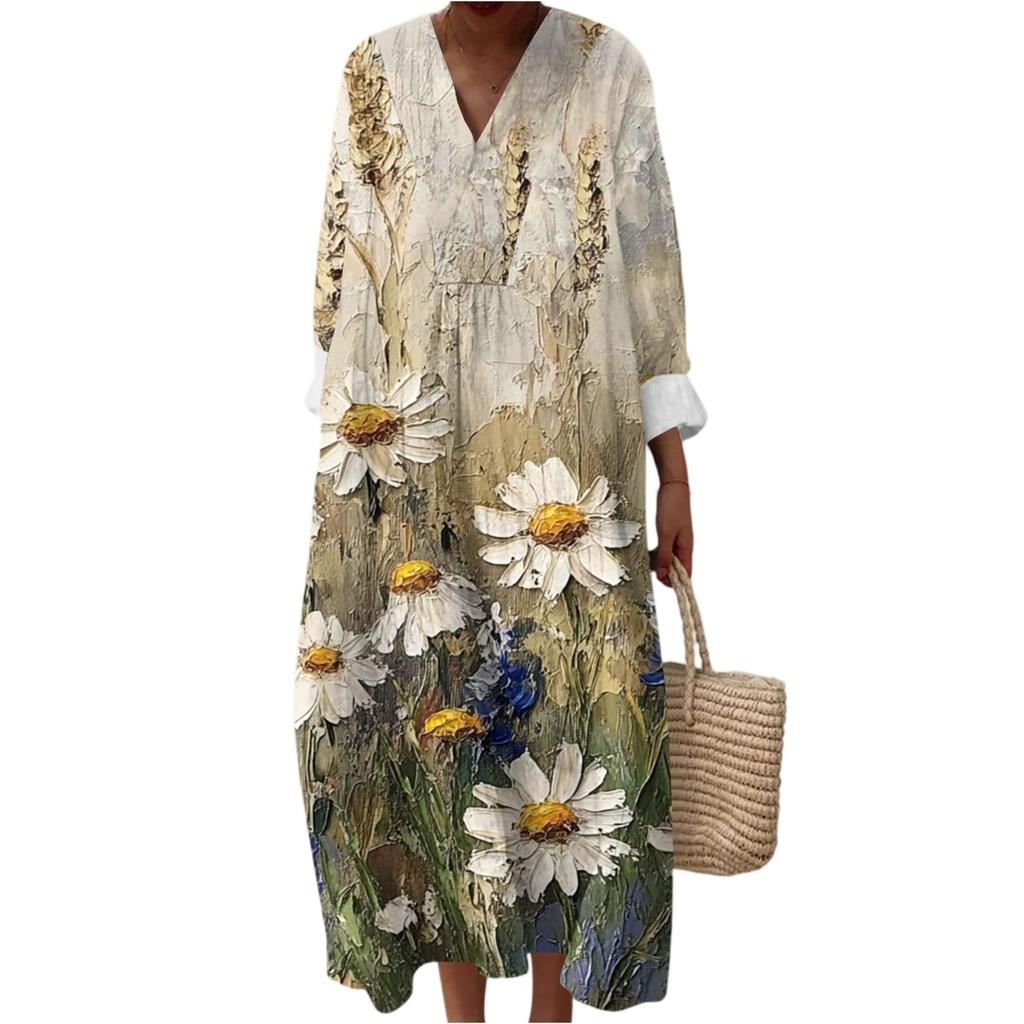 Dámské ležérní módní maxi šaty s výstřihem do V a dlouhým rukávem s květinovým potiskem