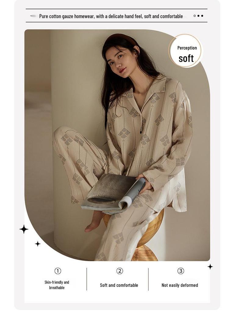 Rou Shan Women's Pure Cotton Gauze Long Sleeve Pajamas - 2025 High-End Spring/Autumn Homewear Set
