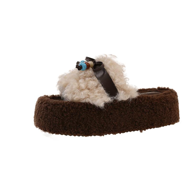 Retro thick-bottomed premium fluffy slippers for women's outer wear 2025 new autumn super-hot fluffy explosive cotton slippers