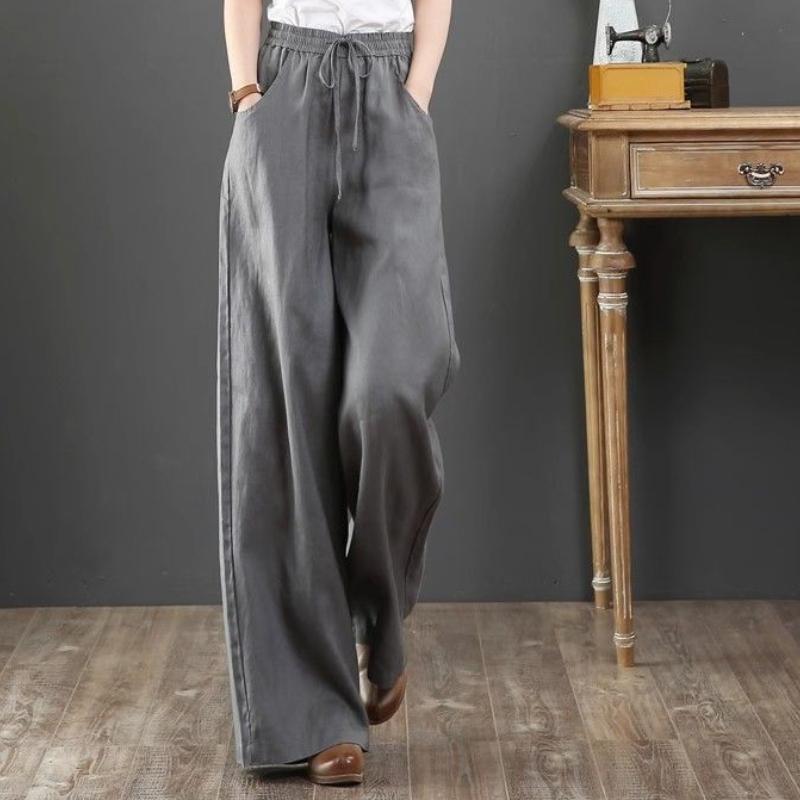 Autumn Thin Plus Size Loose Slim Drawstring Wide Leg Pants Elastic Waist Cotton Linen Versatile Long Pants for Women Trendy