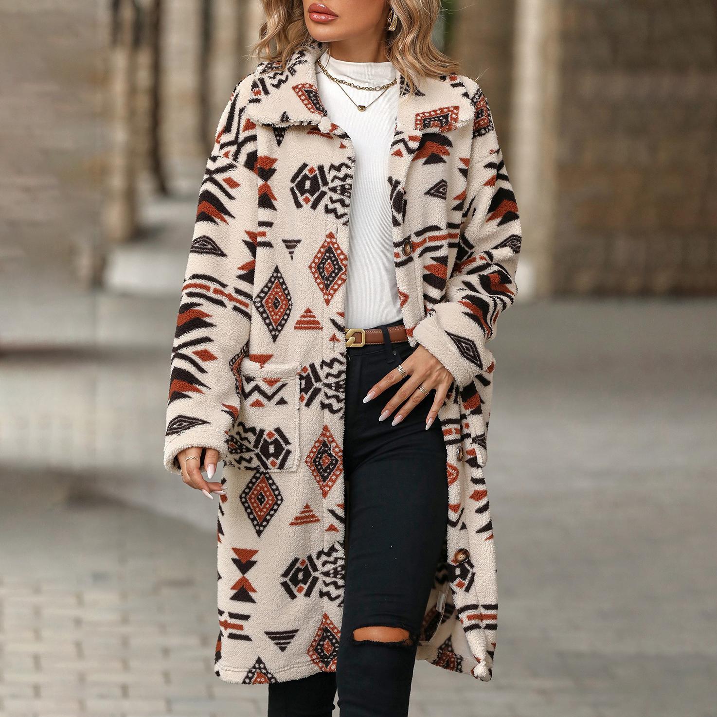 

Осенне-зимняя женская однобортная куртка в этническом стиле с принтом из плюша, длинная куртка-пальто S абрикосовый