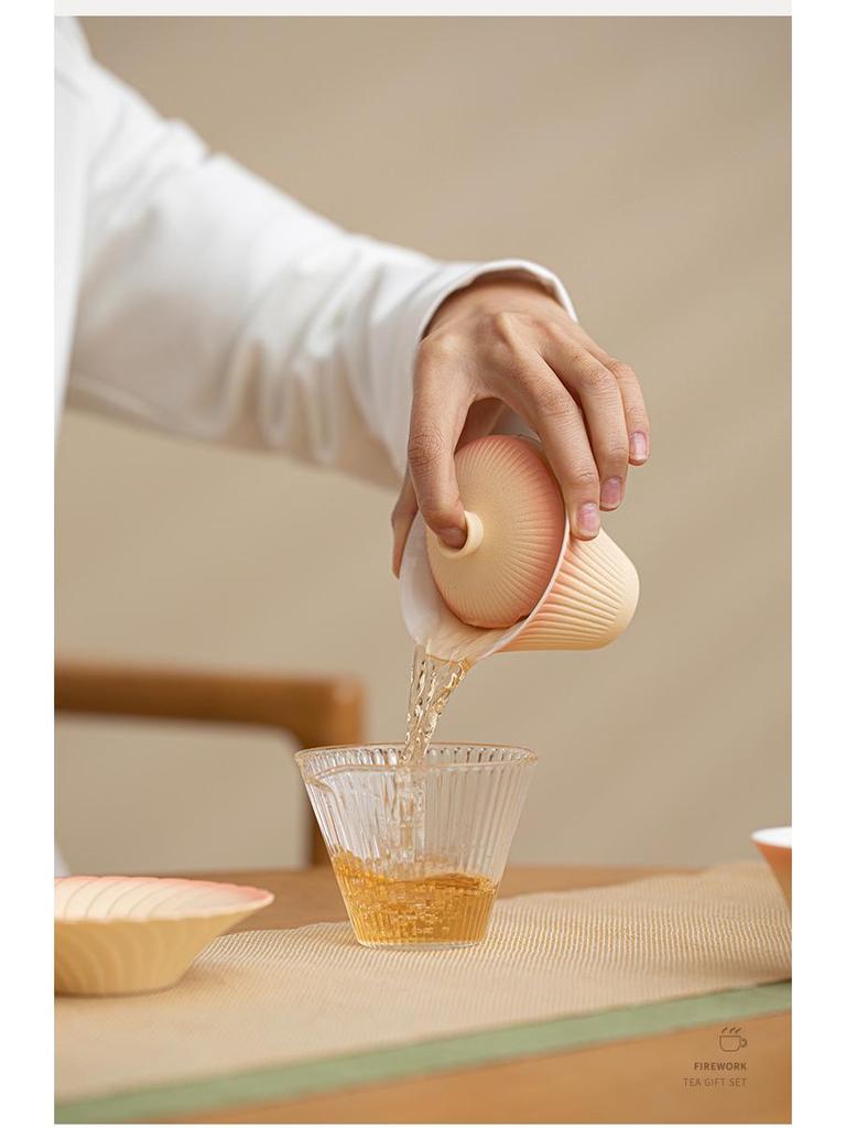 Gradient Fireworks Blooming Gaiwan Teacup Set - High-end Ceramic Kung Fu Tea Set with Gift Box for Spring Festival Souvenir