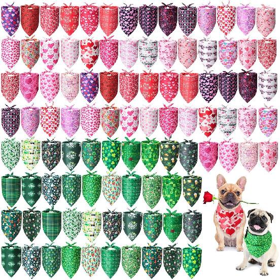 Wesiti 100 Pcs Holiday Dog Bandanas Bulk Valentines Bandanas for Dogs St. Patrick s Day Pet Scarf Adjustable Dog Triangle Bibs Costume Accessories