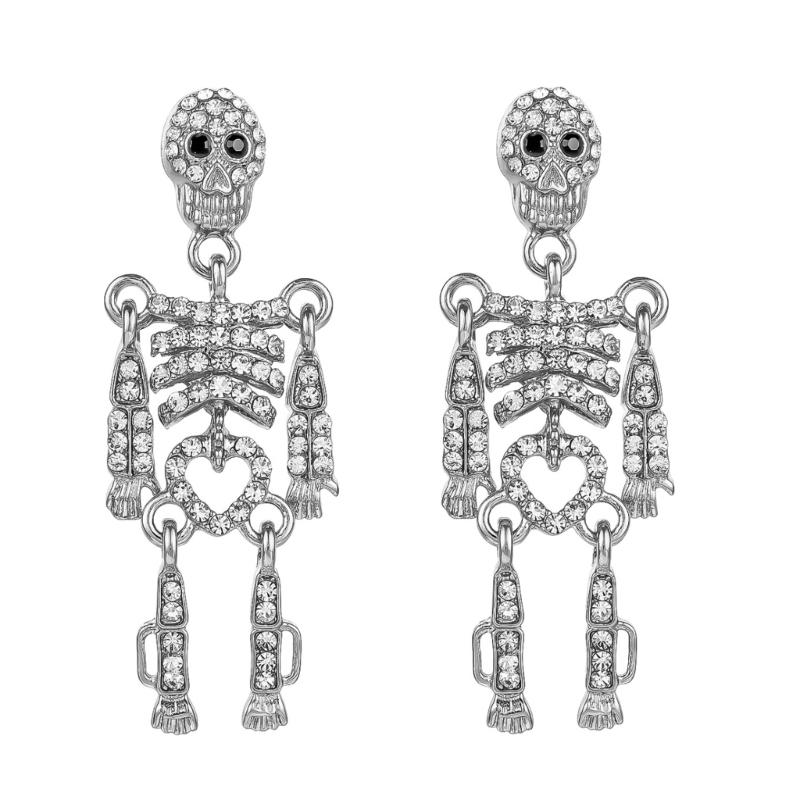 Skull Stud Drop Earrings Pair, Halloween Alloy Statement Jewelry for Costume Styling, Stage Looks and Theme Parties