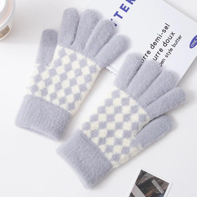 Kadın Eldiven Kış Dokunmatik Ekran Streç Örme Eldivenler Kadın Ekose Tam Parmak Açık Sıcak Eldiven Tutmak