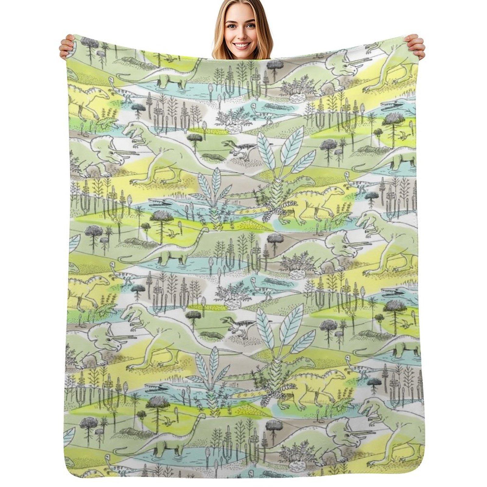 Dinosaurs in a Prehistoric Jungle with Tyrannosaurus Rex and Triceratops Throw Blanket Plush Fuzzy Cozy Blanket for Couch Sofa Size: 75*100cm, Weight: 230 GSM