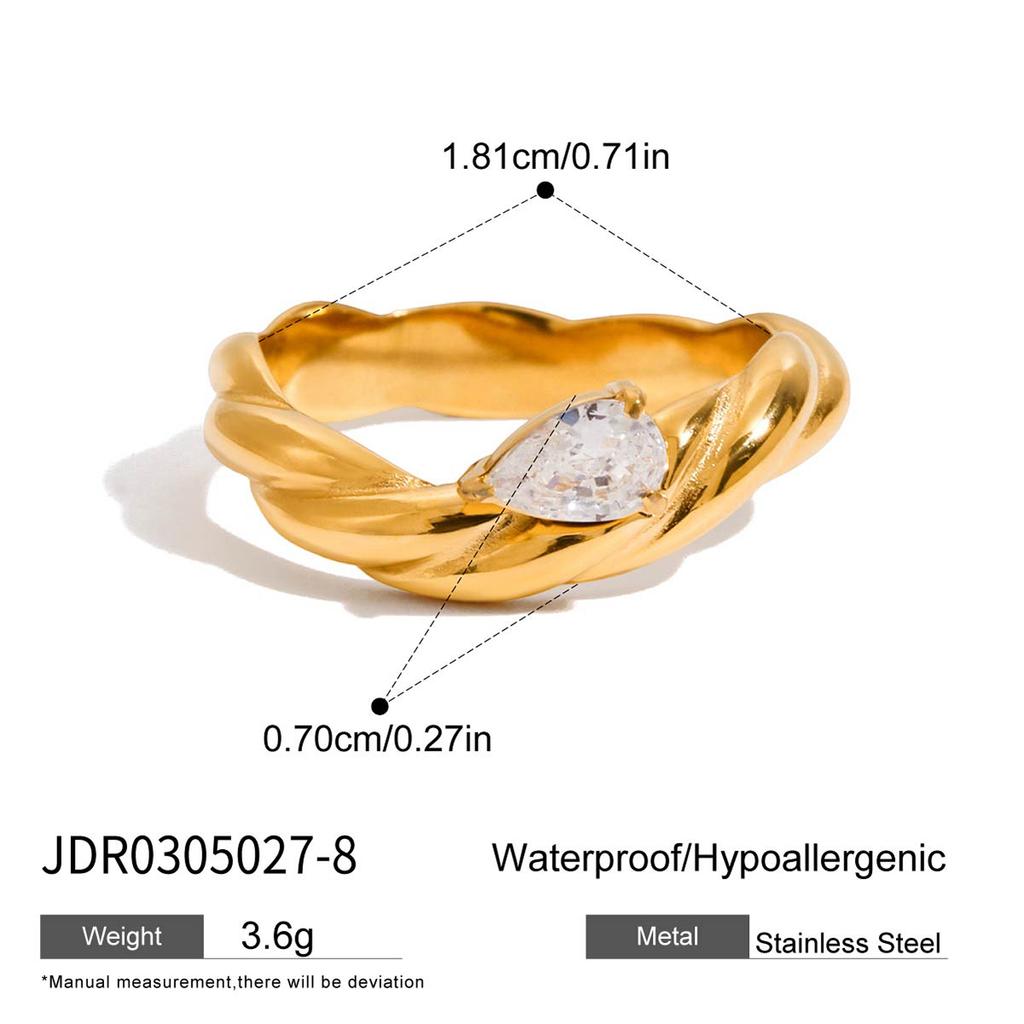 Youthway Minimalist Twisted Design Stainless Steel Ring With White Teardrop Zirconia Women Ring Suitable For Parties And Wedding