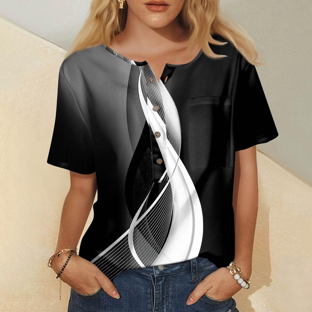 Damenmode, lässig, kurzärmelig, bedruckt, Rundhalspullover, Top-Bluse