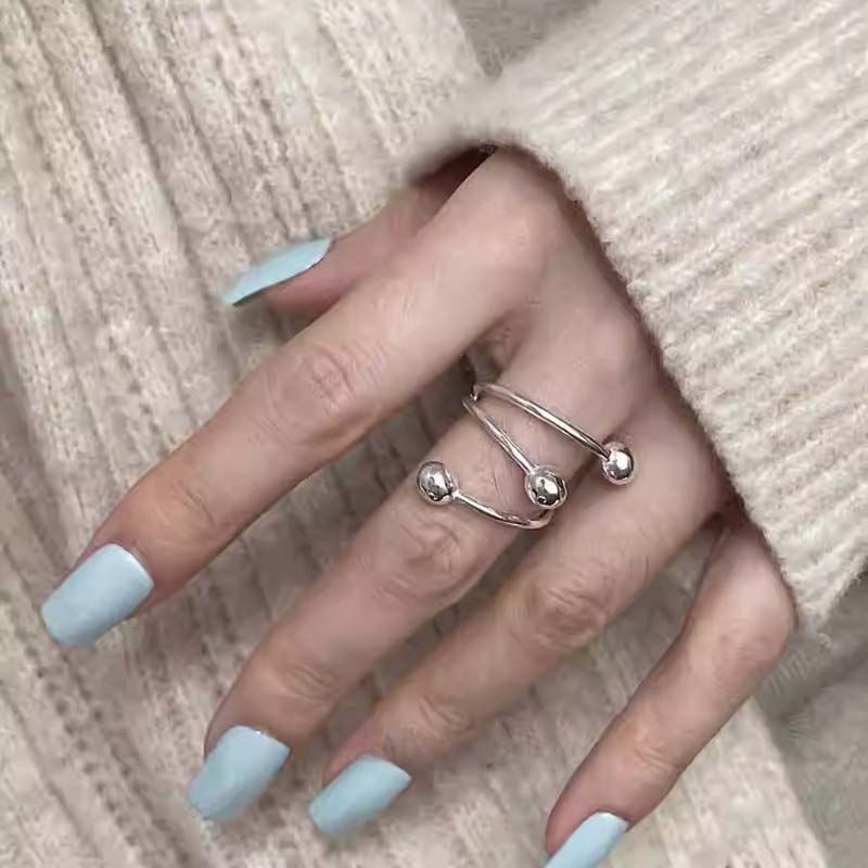 Fashion Copper Color Multilayer Ball Rings For Women Girls Minimalist Metal Geometric Lines Adjustable Finger Ring Jewelry Gifts