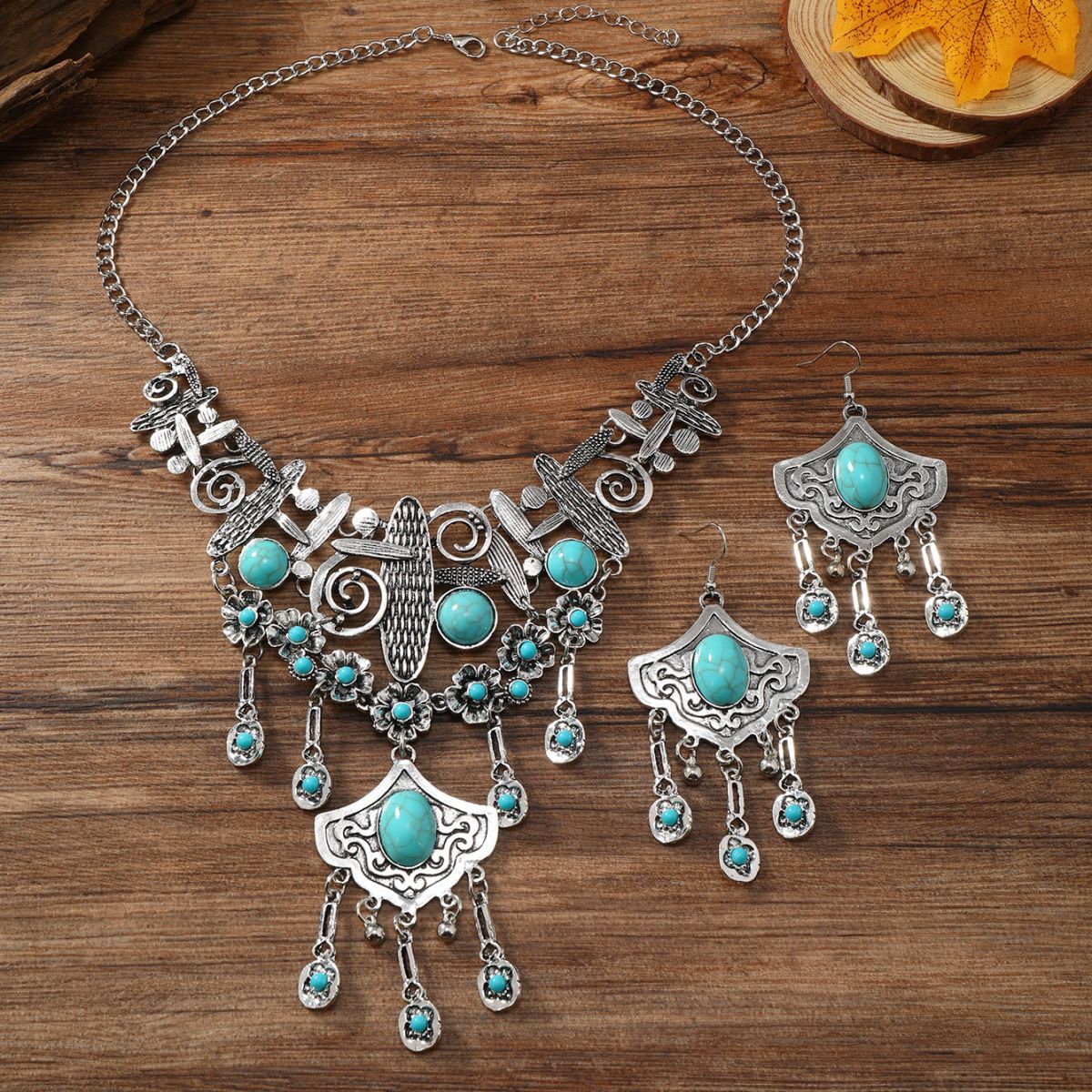 Ethnic Style Retro Bohemian Imitation Turquoise Tassel Necklace Earrings for Women Jewelry Set