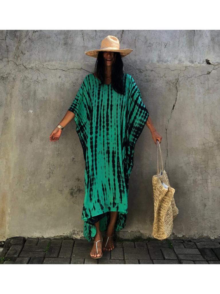 EDOLYNSA 2025 Casual Plus Size Kaftan Women's Tie-Dye Retro V-Neck Batwing Sleeve Long Dress Sexy Beach Swimsuit Cover-Up Q1218-730-15