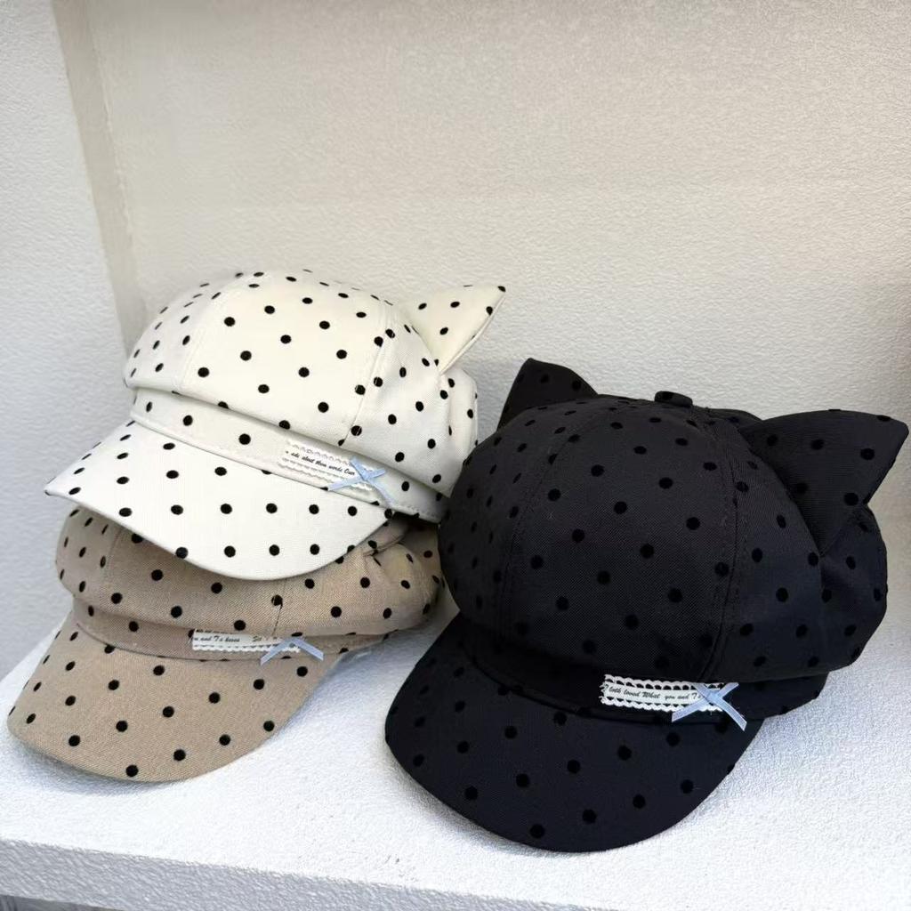 Cute cat ears polka dot newsboy hat children spring and autumn new fashion octagonal hat show face little painter hat
