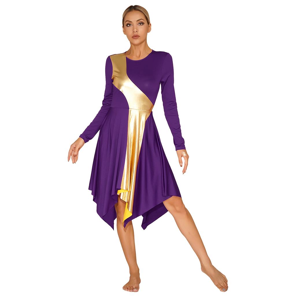Womens Performance Dance Dress Contrast Color Patchwork Design Asymmetrical Hem Long Sleeve Church Worship Costume
