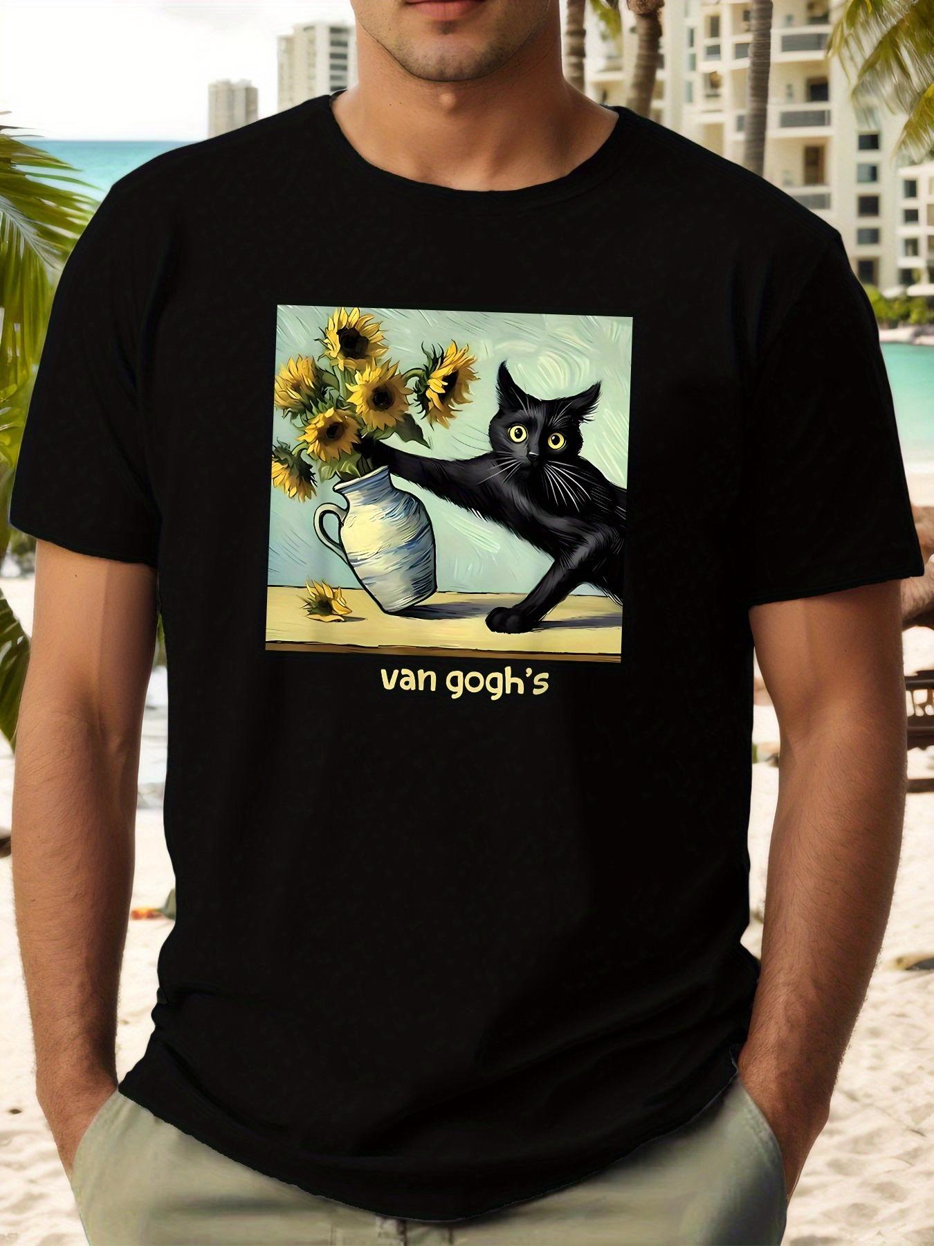

Van Gogh Sunflowers & Black Cat Art Print Casual T-shirt - Lightweight Summer Short Sleeve Round Neck Tee XXXL