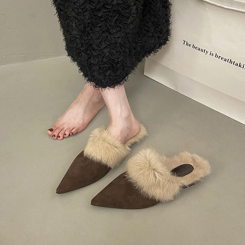 Herbst Winter Spitz zulaufend Flauschig Warm Mules Hausschuhe Lässig Damen Mules Niedriger Absatz Slides Bequem zum Hineinschlüpfen Zapatos De Mujer
