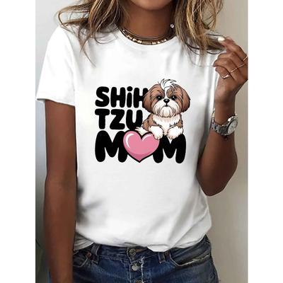 Dámské tričko SHIH TZU MOM s grafikou - Roztomilý potisk psa, krátký rukáv, kulatý výstřih, ležérní top, zelené se srdíčkem, ideální na jaro a léto,