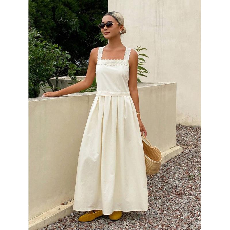 European summer new holiday style solid color pleated hem sleeveless square collar long dress women S светло-желтого