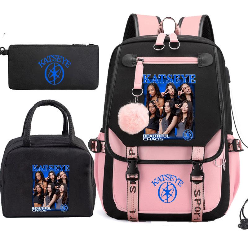 Katseye Girl Group Print 3-Piece Set Backpack, Color Block Anti-Gravity School Student Bookbag Large Capacity Lightweight Water-Resistant