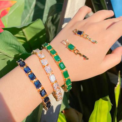 CMM Classic Shine Square Green Blue Gold Color Cubic Zirconia Tennis Bracelet