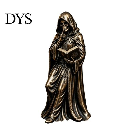 Creepy Tabletop Art Gothic Hooded Reaper Reading Book Resin Statue, Mystical Wizard Skull Figurine Spooky Sculpture Desktop Bookshelf Decor,