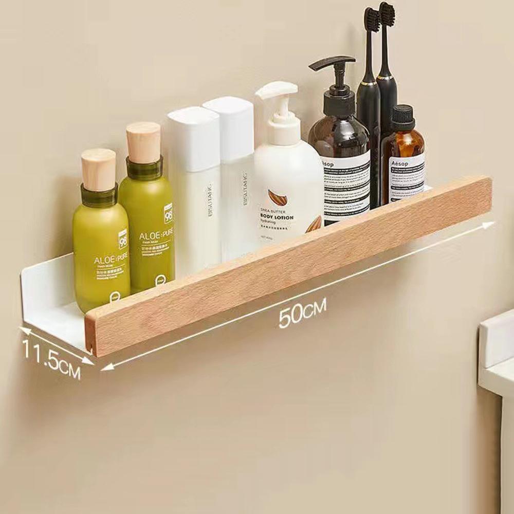 Simple Solid Wood Water Proof Bathroom Shelf for Washbasin Cosmetics Non Perforated Livingroom Wall Mounted Home Decorative Rack