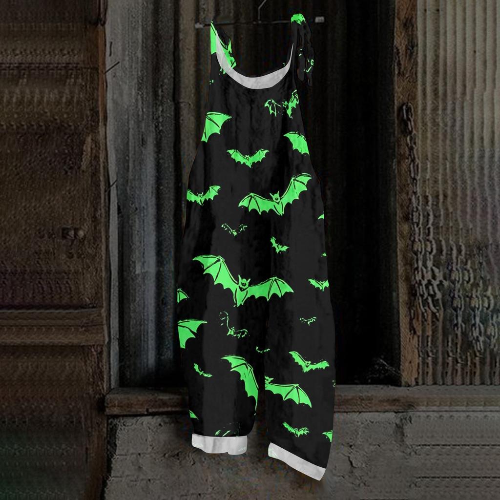 Women Halloween Printed Loose Casual Vintage Style Linen Blend Overalls Adjustable Strap Wide Leg Jumpsuit