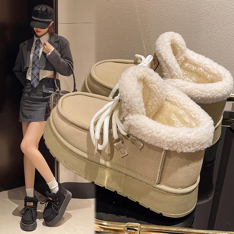 Winter New Velvet Women's Shoes Casual Warm Cotton Shoes Thick Sole Heightening Large Size Snow Boots Women's Bread Short Boots