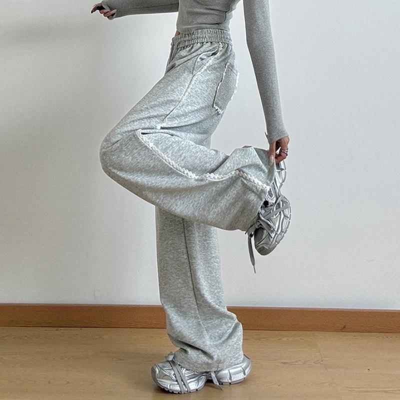 Spring and Autumn Women's Fashion Solid Colour Lace Splicing High Waisted Loose Wide Leg Pants