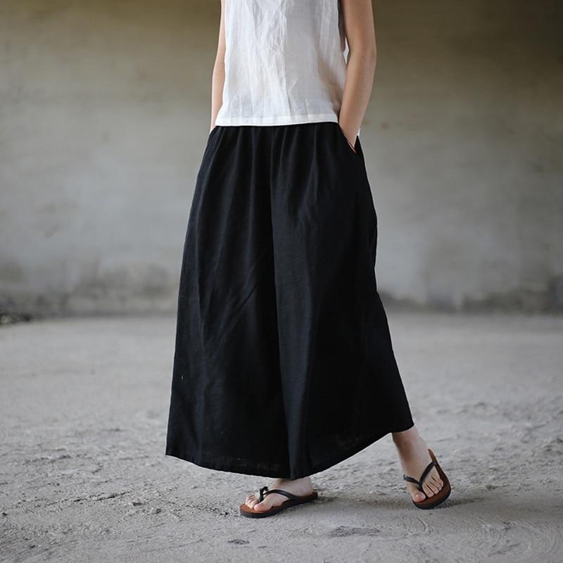 Pantaloni estivi a gamba larga Tasche per pantaloni Pantaloni larghi da donna in lino di cotone