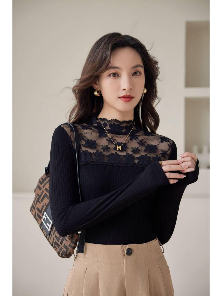 Women's Slim Fit Long Sleeve Mesh Lace Top - Hollow Out Design, Spring/Autumn Versatile Socialite Style