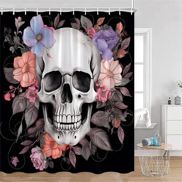 Floral Skull Shower Curtain Red Rose Flowers Skeleton Horror Halloween Bath Curtains Polyester Home Bathroom Decor with Hooks
