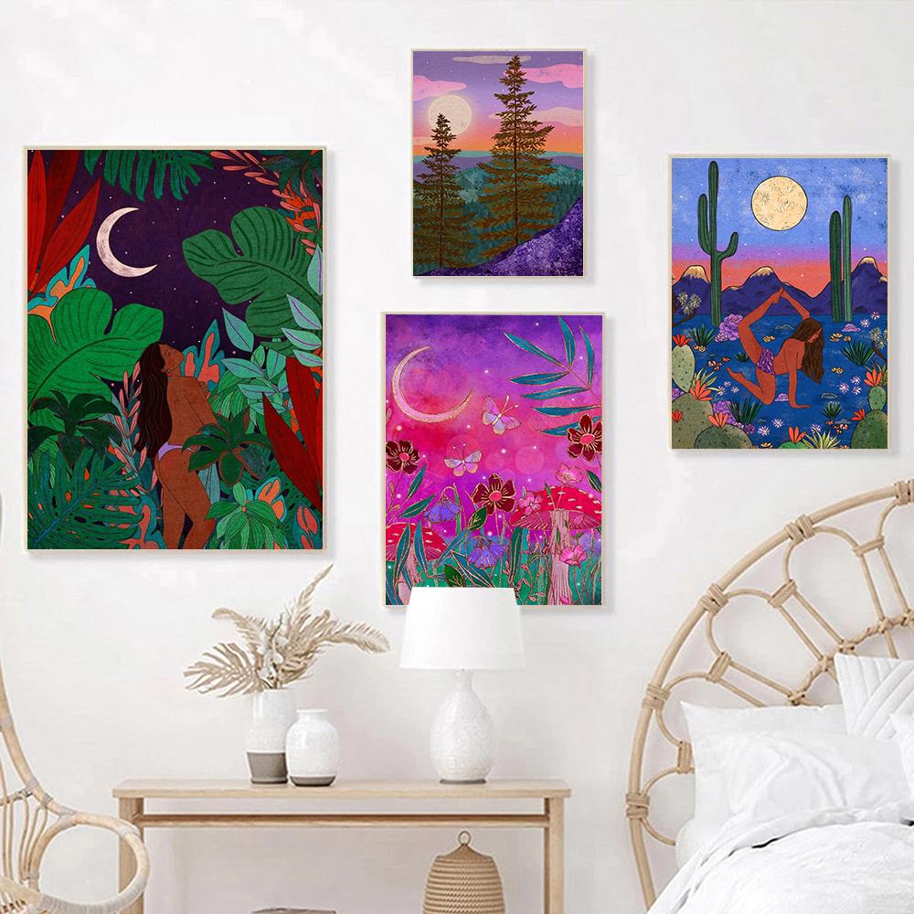 Dschungelschönheit Kunstdruck Mystische Wälder Wüste Yoga Abstraktes Poster Magische Wiese Leinwandgemälde Nordische Wohnzimmer Wanddekoration