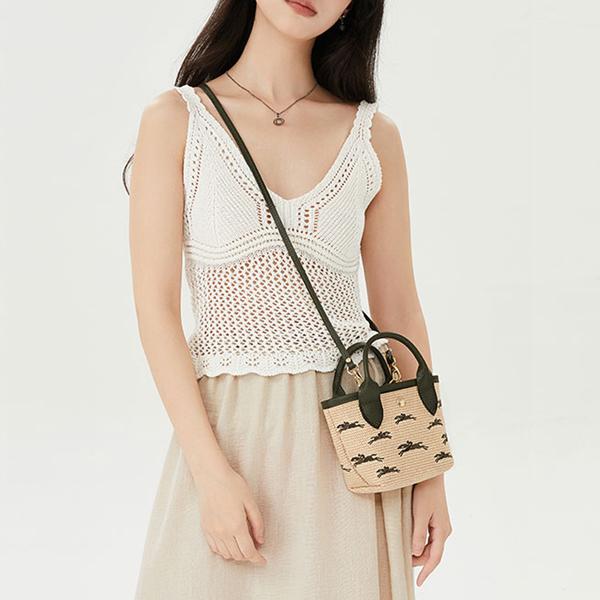Longchamp Le Panier Pliage Logo Embroidered Detachable Shoulder Strap Straw Texture Canvas Mini Shoulder Crossbody Tote Bag Women Bags 10206HCF292