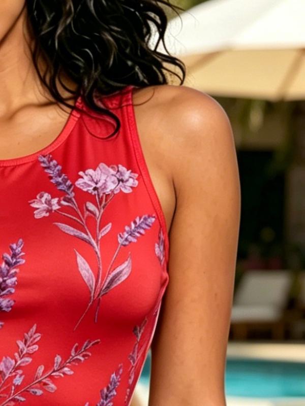 Women's Red Purple Lavender Floral Print Sleeveless Bodycon Dress, High Waist Tight Fit Beachwear and Cocktail Mini Dress
