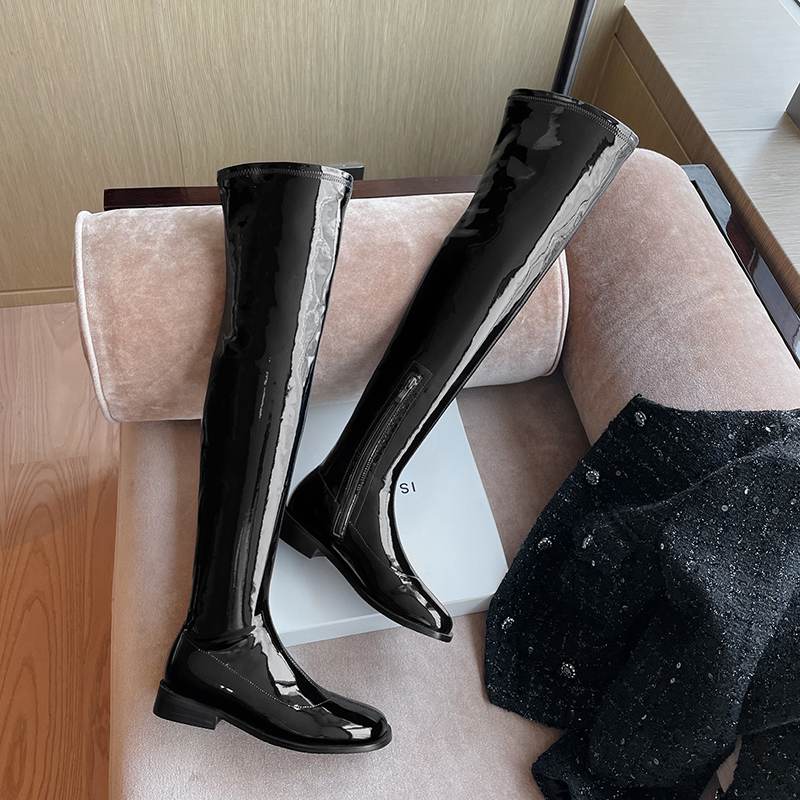 Krazing Pot Podzimní zimní boty z hovězí kůže Velikost 43 Silné nízké podpatky Stovepipe Strečové boty Dámské Teplé kozačky nad kolena