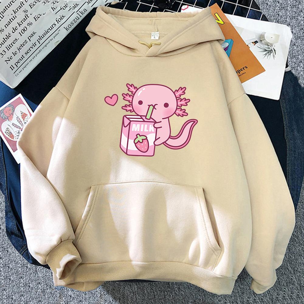 Anime Axolotl Loves Strawberry Milk Doodle Hoodie Kawaii Hoodies Winter Women Spring/Autumn Unisex Sweatshirt Harajuku Sudaderas