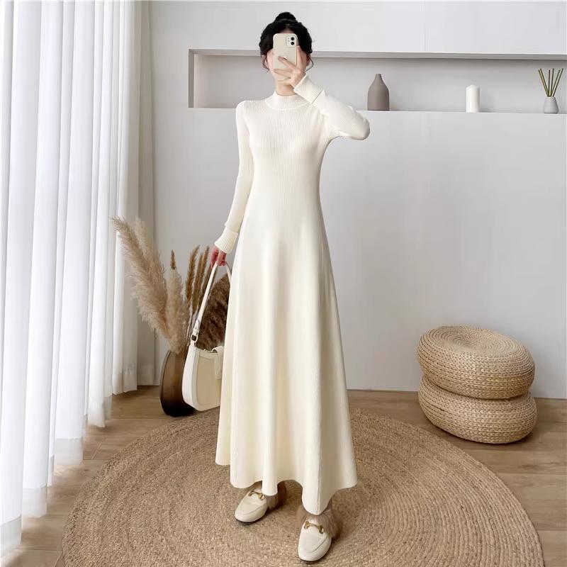 Solid Color Knitted Dress Autumn and Winter New Sweater Dress Fashion Long Sleeve Turtleneck A Word Long Dress