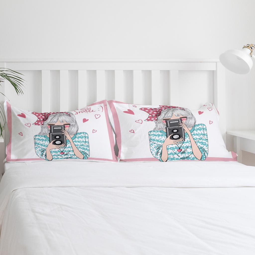 Girl Pink Bow Camera Bedding Set 3pcs Boys Girls Duvet Cover Pillowcase Kids Adult Quilt Cover Double Bed Set Home Textile