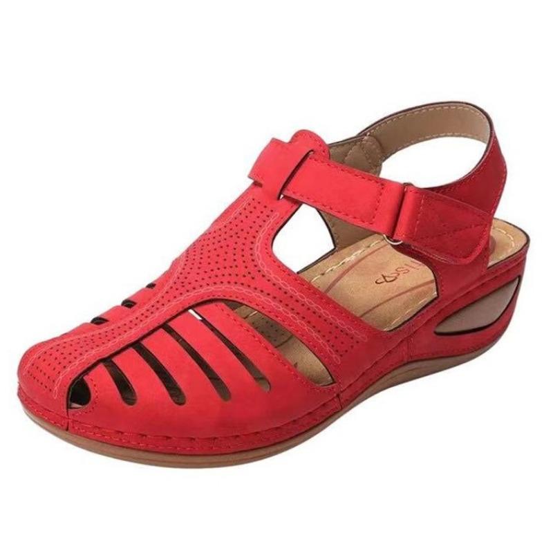 20 summer new retro women's sandals, thread hole shoes, anti-slip large size round toe wedge comfortable sandals women