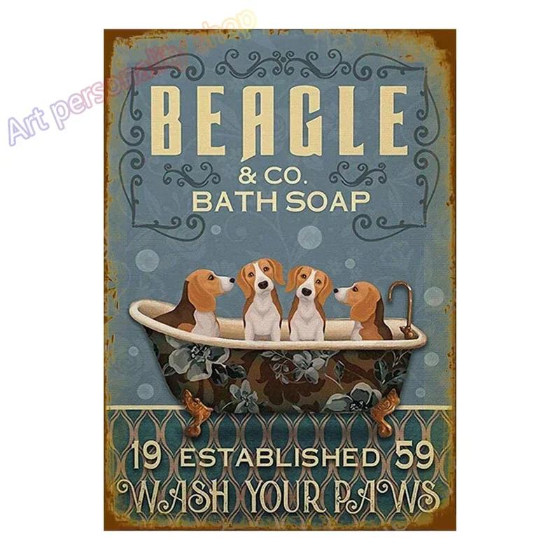 Mfoever Tin Sign Vintage Beagle Dog Coffee Tea Metal Tin Sign Set Retro Funny Pet Wall Art Decor for Home Kitchen Bar Rustic Iron Painting Plaque