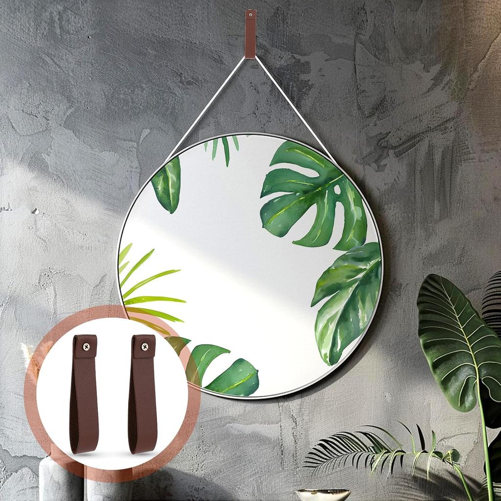 2 Pcs PU Leather Wall Hooks, 1 x 4.7 Inches Leather Wall Hanging Strap Leather Hook Lanyard Wall Mounted Loop for Hanging Curtain Rod Holders Towel