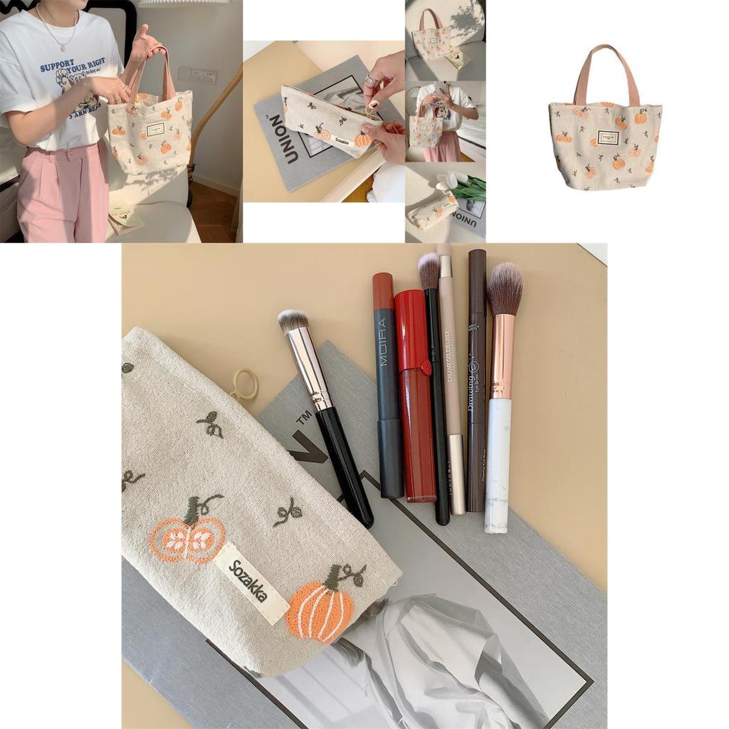 Trendy Canvas Tote Bag With Pumpkin Embroidery Large Capacity Beige Handbag