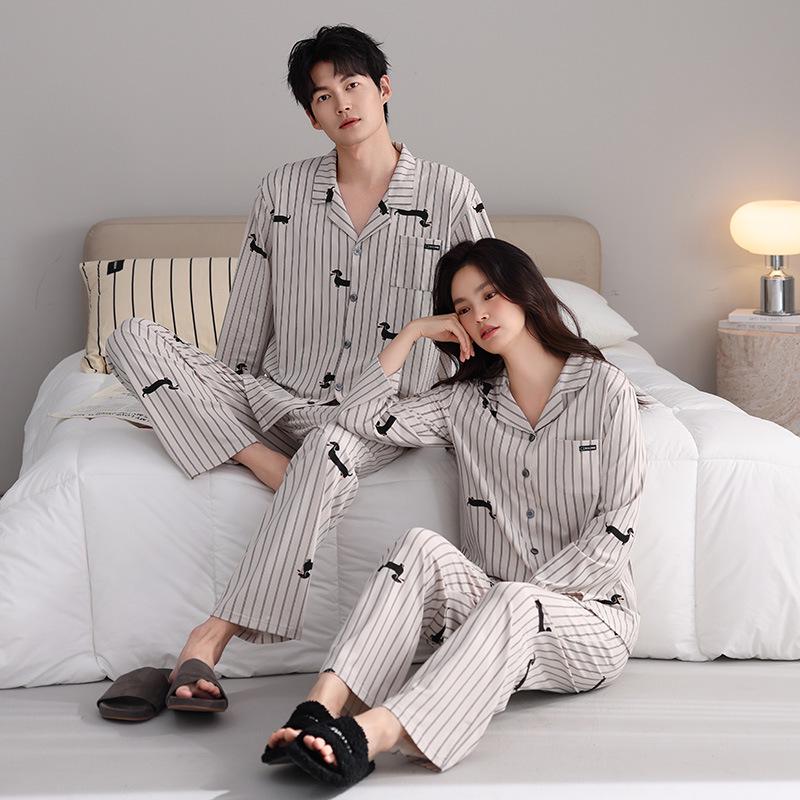 Women's Ribbed Cotton Couple Pajamas Set - Long Sleeve & Pants, Autumn Cartoon Striped Homewear, Wearable Outdoors