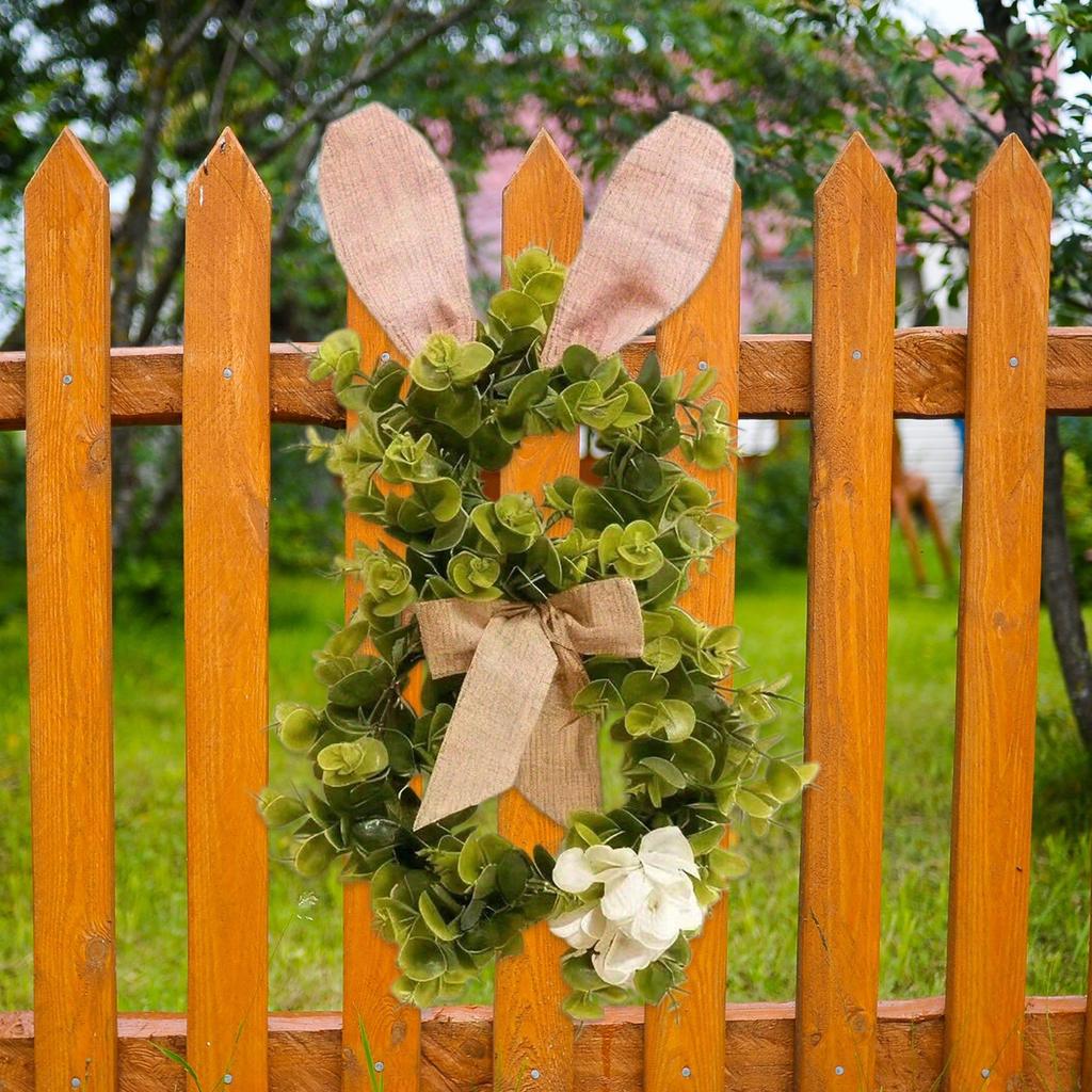 Easter Bunny Wreath 19.6 Inch Artificial Easter Bunny Flower Leaves Bows Decor Front Door Wreath For Home Walls Windows