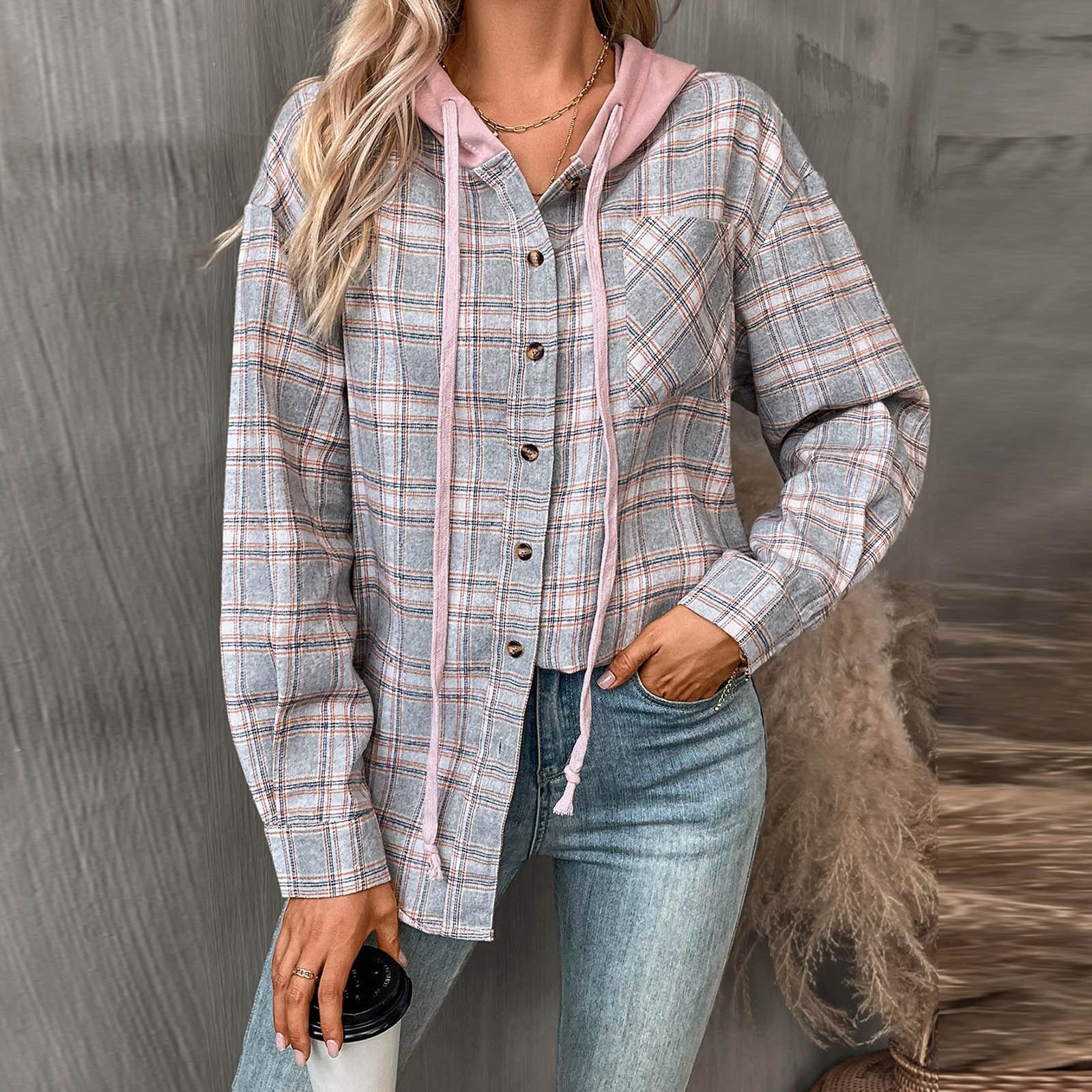 

Женская модная широкая клетчатая куртка-рубашка с длинными рукавами и карманами на пуговицах и капюшоном M