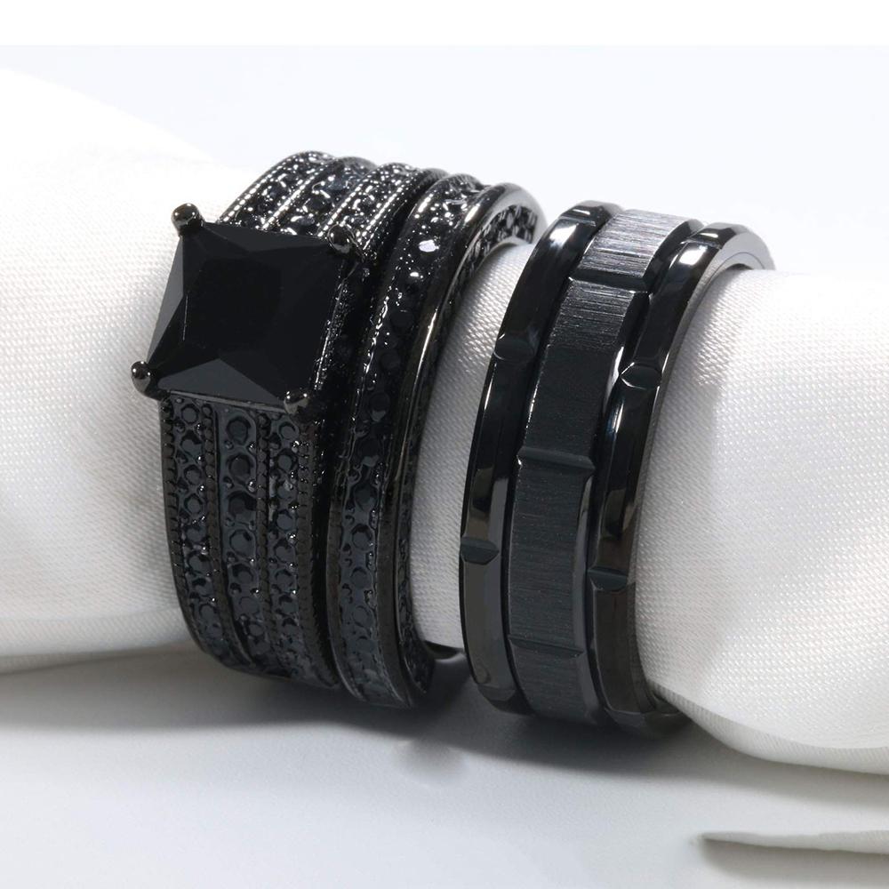 Fashion Couple Rings Romantic Women Black Rhinestones Zirconia Rings Set Simple Men Stainless Steel Ring Wedding Party Jewelry