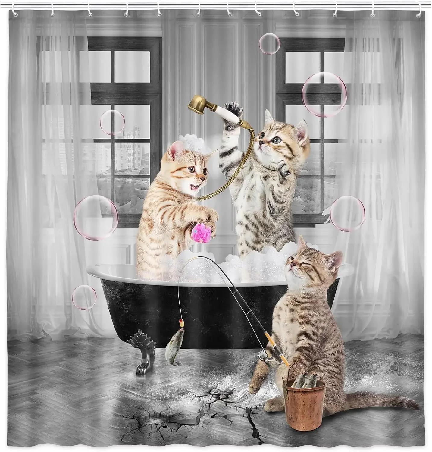 

Fantasy Cat Spa Shower Curtain-Vintage Bathtub with Bubbles, Funny Vintage Bathroom Decorative Shower Curtain W90XH180cm