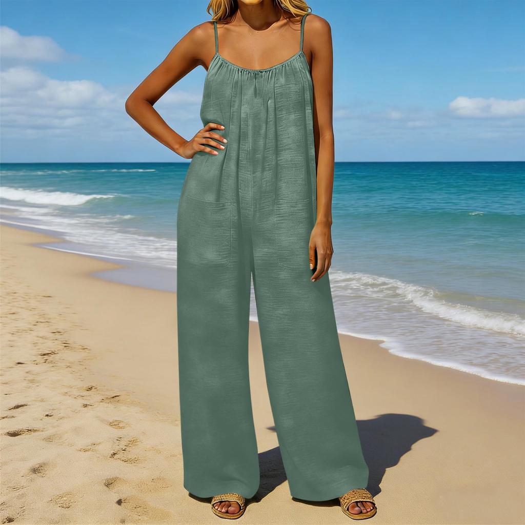 Damen-Jumpsuit, Lässige und lockere Passform, Mit rückenfreiem Design und dünnen Vintage-Trägern. Dieser Loungewear-Jumpsuit ist aus Baumwolle und Li