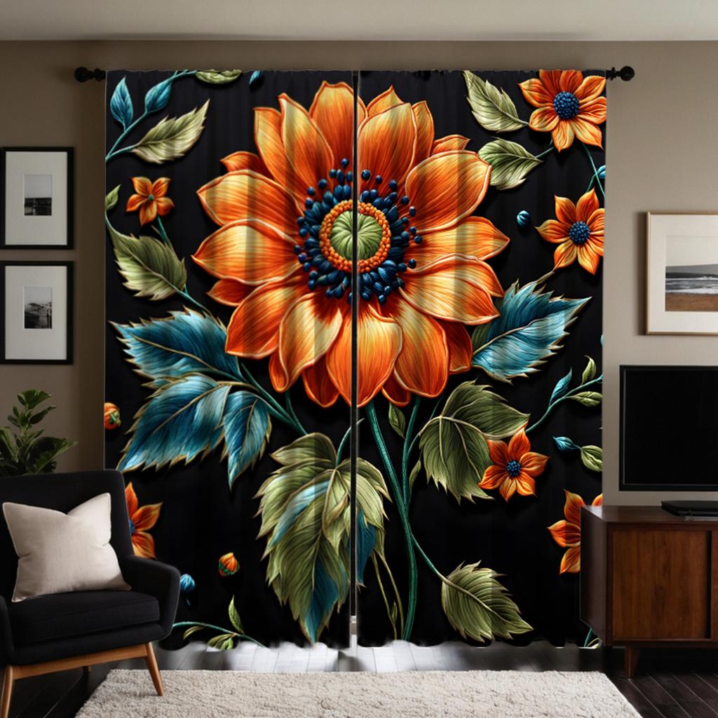 2pcs HD Black Gorgeous Sunflower Curtain Black Digital Printed Curtain Home Decoration Style Decorate Living Room Bedroom Wea