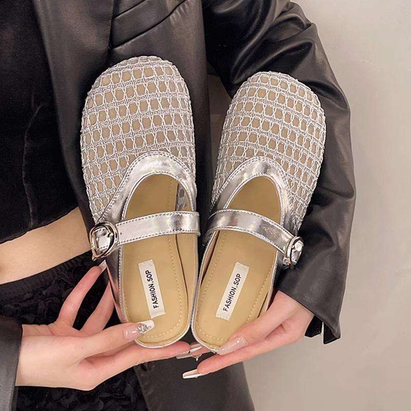 Hollow woven bag head half slippers women's outer wear 2025 summer new shoes soft sole breathable lazy cool slippers